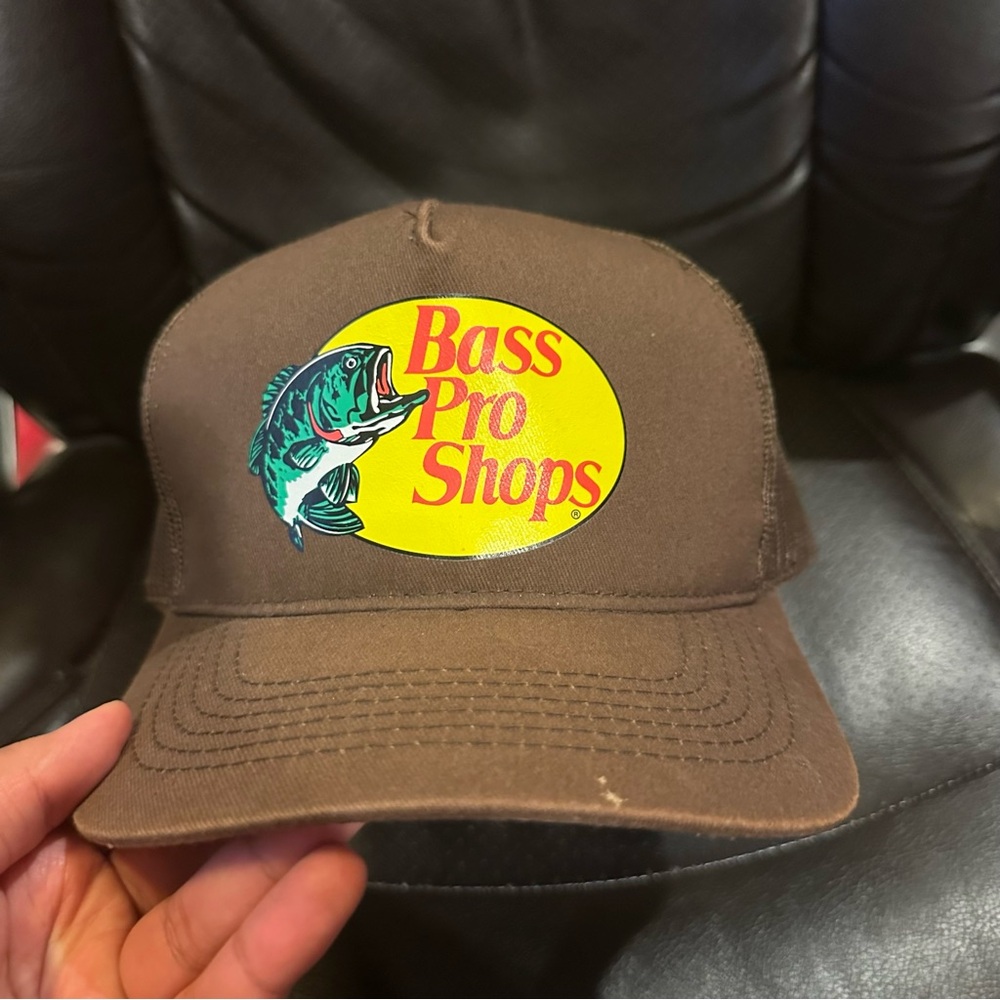 Brown bass pro shop hat has stain on brim